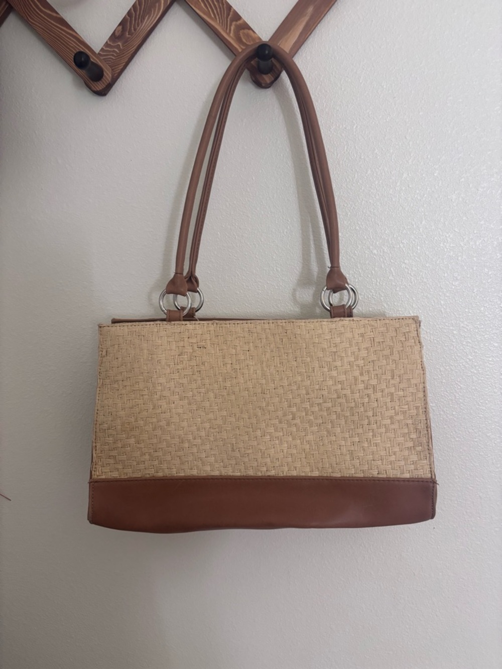 Sag Harbor Beige Woven Tote with Brown Trim